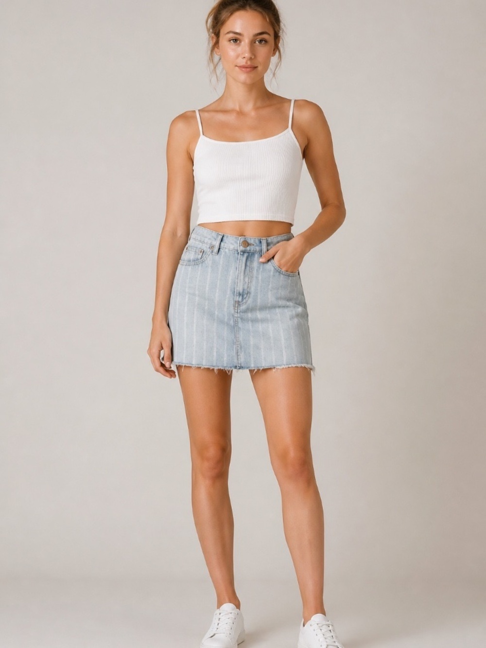 Vanilla Star High Waisted Striped Denim Mini Skirt Womens 26 Cut Off Hem Stretch
